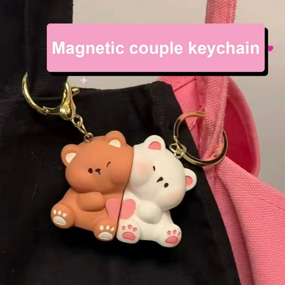 Soumake 1 Pair Couple Keyring Pendant Cartoon Bear Hug Theme Pendant Keychain Magnetic Design Keychain Bag Decoration Birthday Gift