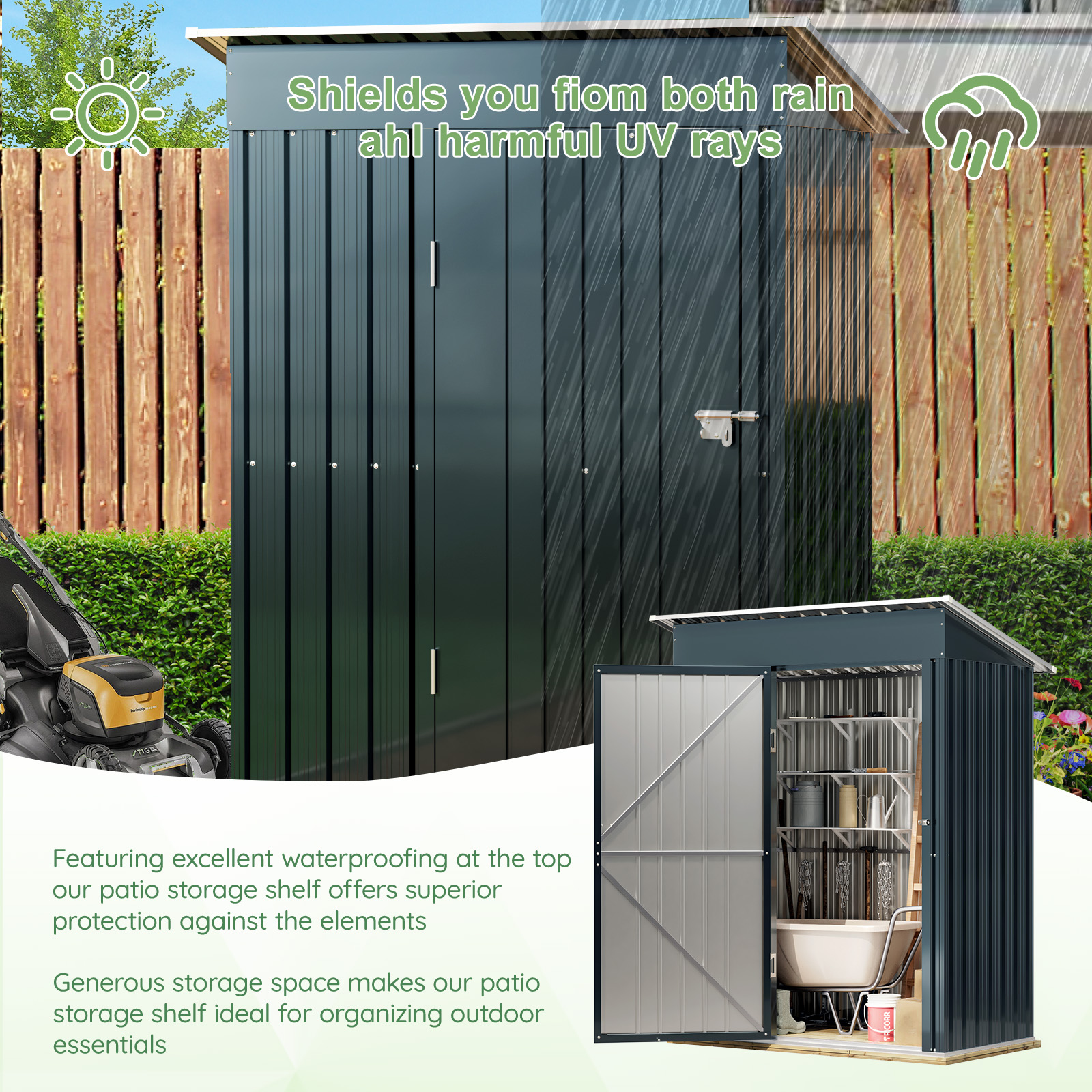 Outvue Outdoor Storage Shed 5 x 3, Metal Patio Storage Shed with Frame Floor & Lockable Door