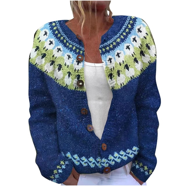 LMKIHUSA Femmes 2025 Automne Cardigans Chandails Ethnique Boho Graphique Tricot Fair Isle Manteau Col Rond Cardigan à Boutons Bleu,G