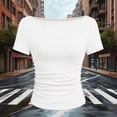 thumbnail image 5 of hoksml Women's Ribbed Boat Neck Elbow Sleeve Top, Side Ruched Slim Fit Crop Shirt for Summer Casual Wear, 5 of 5
