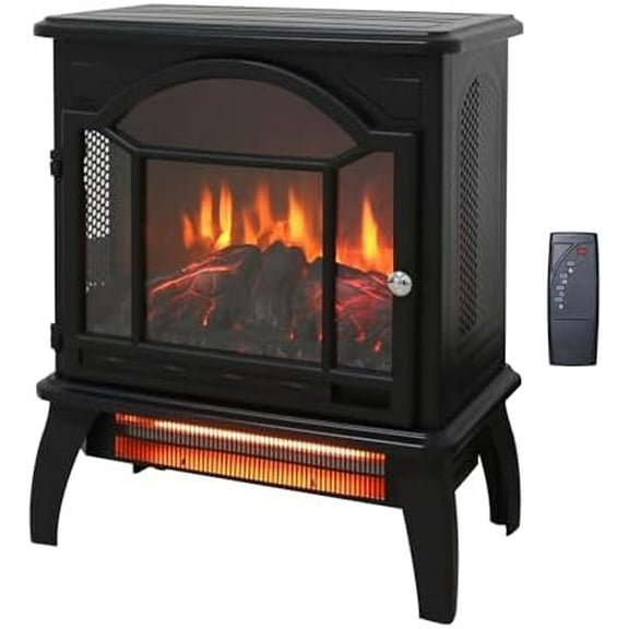 18" Electric Fireplace Stove, Freestanding Fireplace Heater with Realistic Flame, Remote, Timer, Adjustable Thermostat, 1500W, Black
