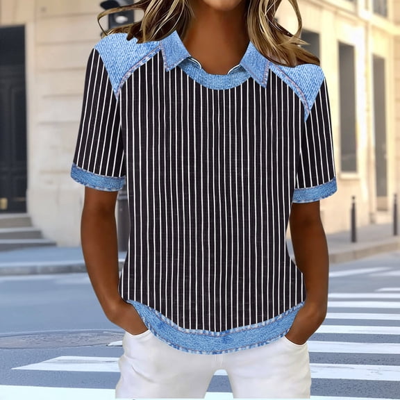 Dolkfu Collared Going Out Tops Black Pull-on Short Sleeve French Chic Blouses & Tops Western Style Striped Polycotton Pullover Patchwork Black,L