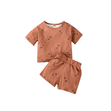 

Yinyinxull 2Pcs Kids Infant Baby Girls Outfits Star/ Rainbow/ Sun Print Short Sleeve Round Neck T-shirt + Shorts Brown 18-24 Months