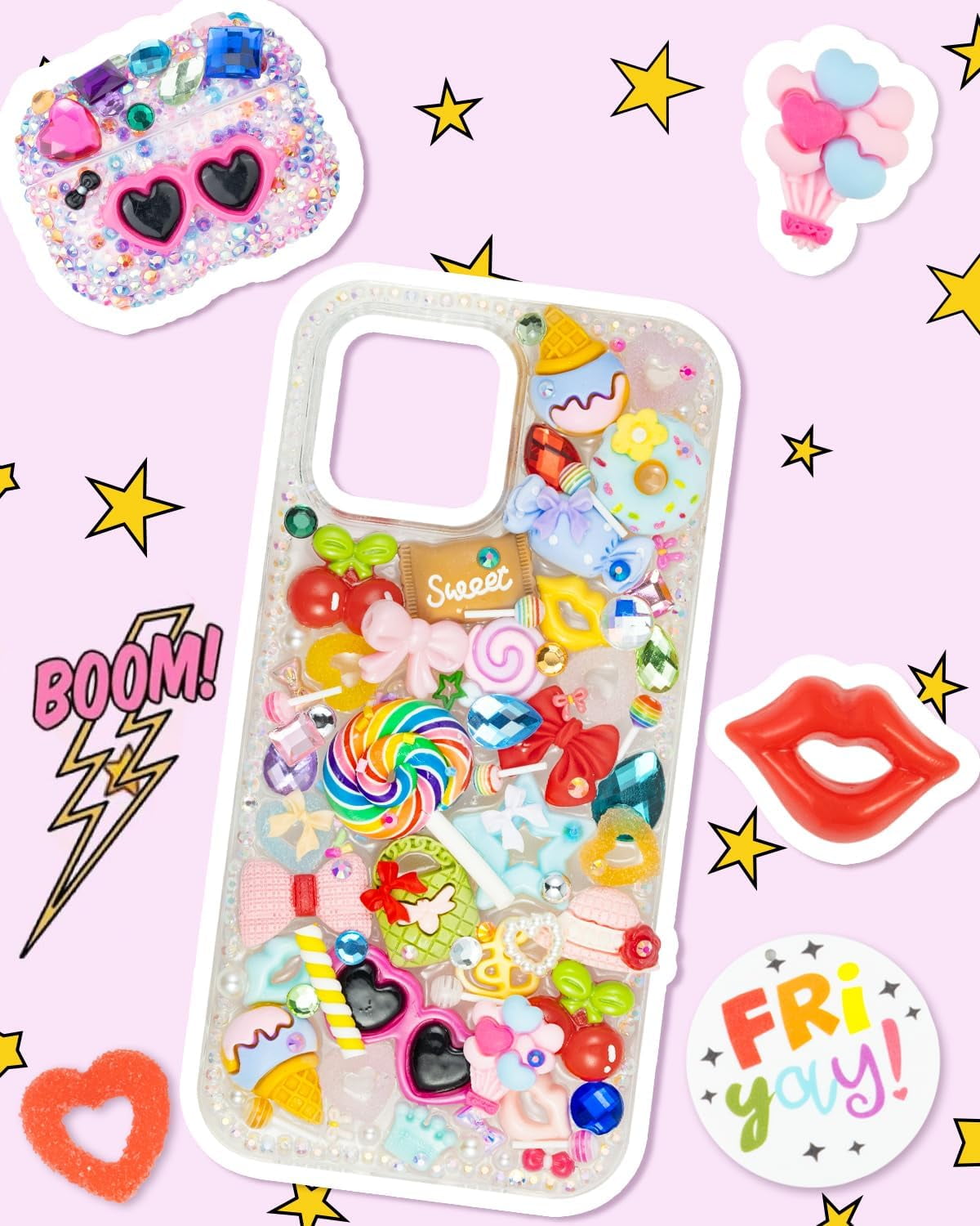 2250 Pcs Junk Case Charms Kit, Charms for Junk Cases, Phone Case Charms, Junk Case Kit with Big Charms, Bow Charms, Nail Charms, Letter Beads, Pink Charms,Junk Beads Charms