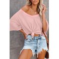 thumbnail image 5 of Light Pink Waffle Texture Ribbed V Neck Drop Shoulder Loose Tee for Women | [ZhiHiMeRi] | 2XL, 5 of 7