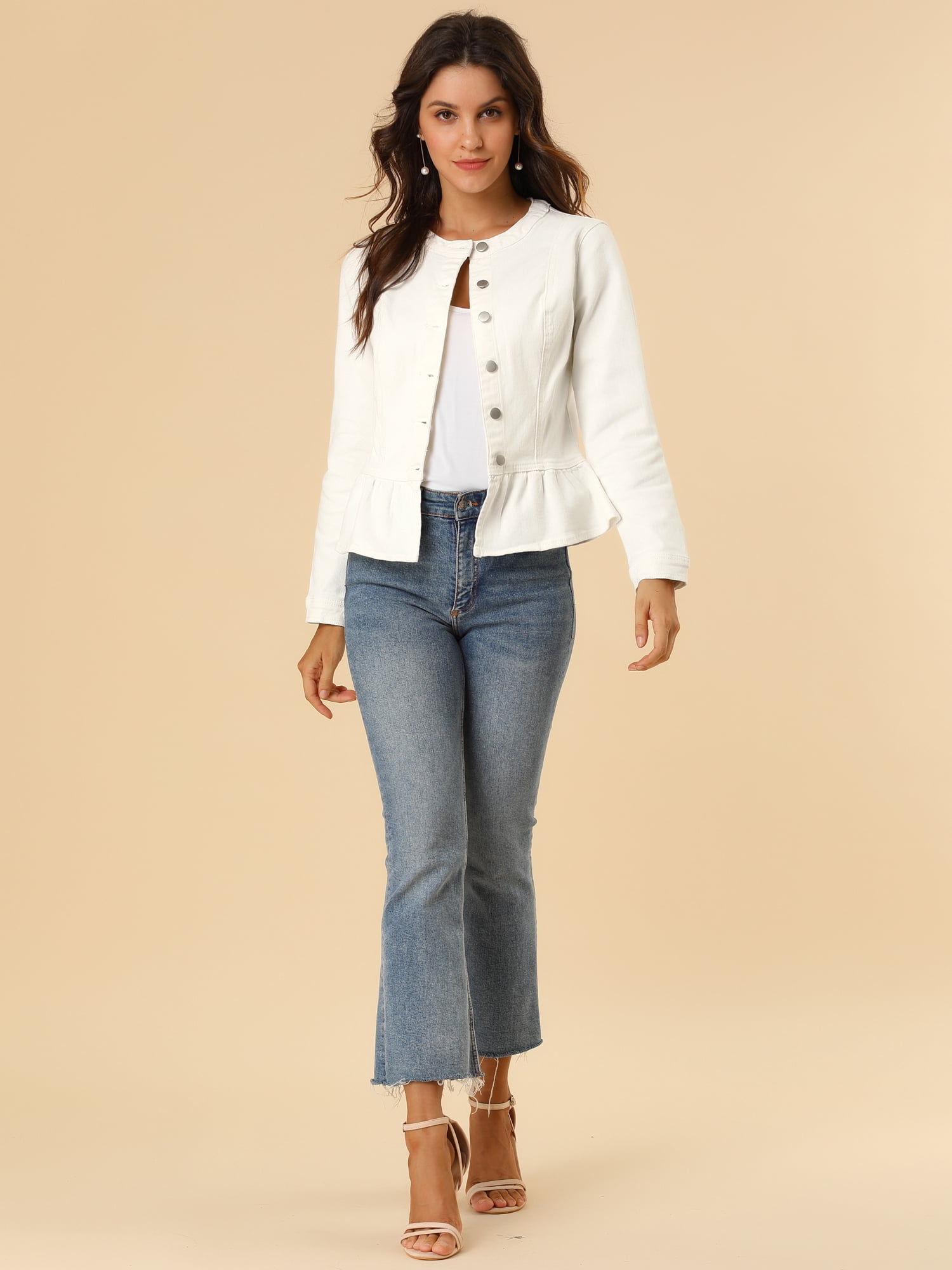 DARING DIVA Women's Button Down Cropped Ruffle Hem Denim Jacket XXL White