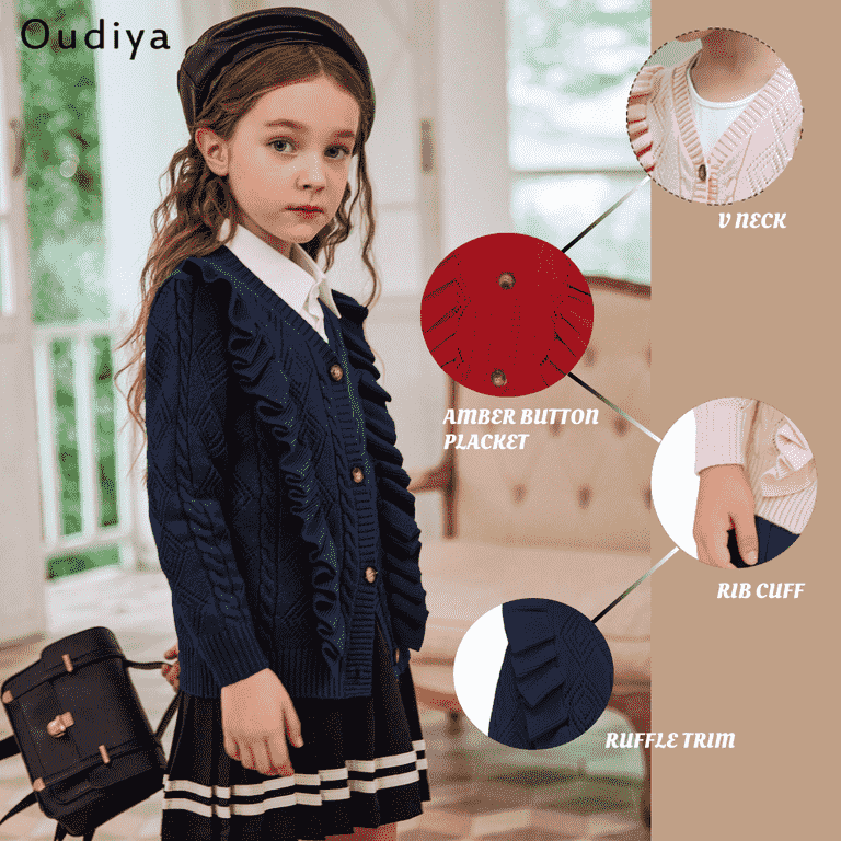 【超目玉枠】 Navy Open-Front Cute Girls' Oudiya Blue V Cardigan, Ruffle Clothing