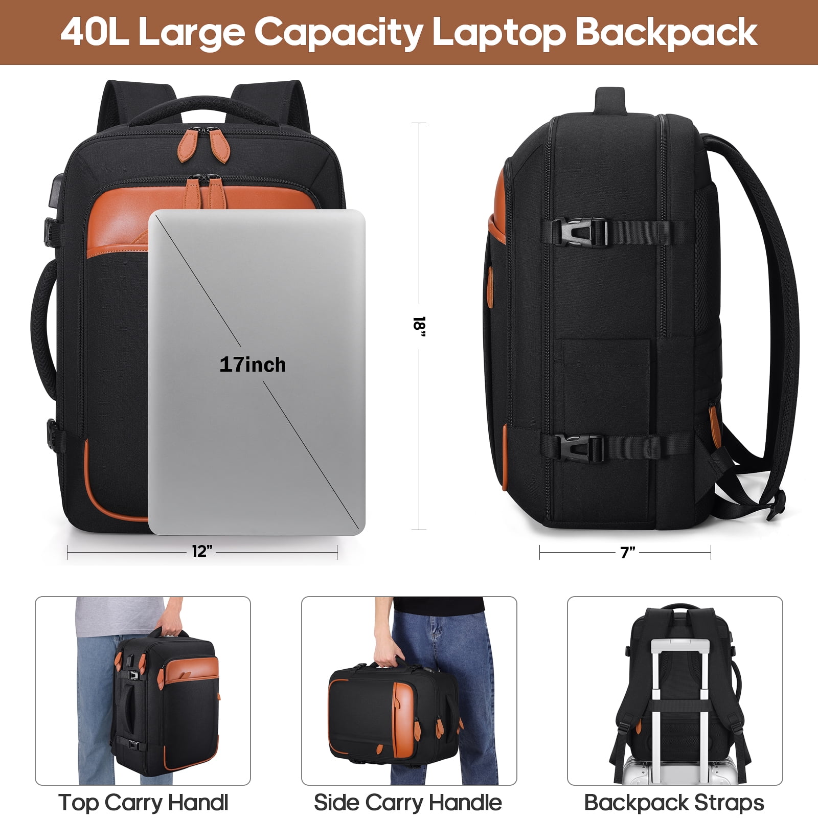 UKEIN Travel Backpack for Men & Women Carry On Backpack Flight Approved 40L Waterproof Anti-Theft Personal Item Backpack with Packing Cubes and Shoe Pocket