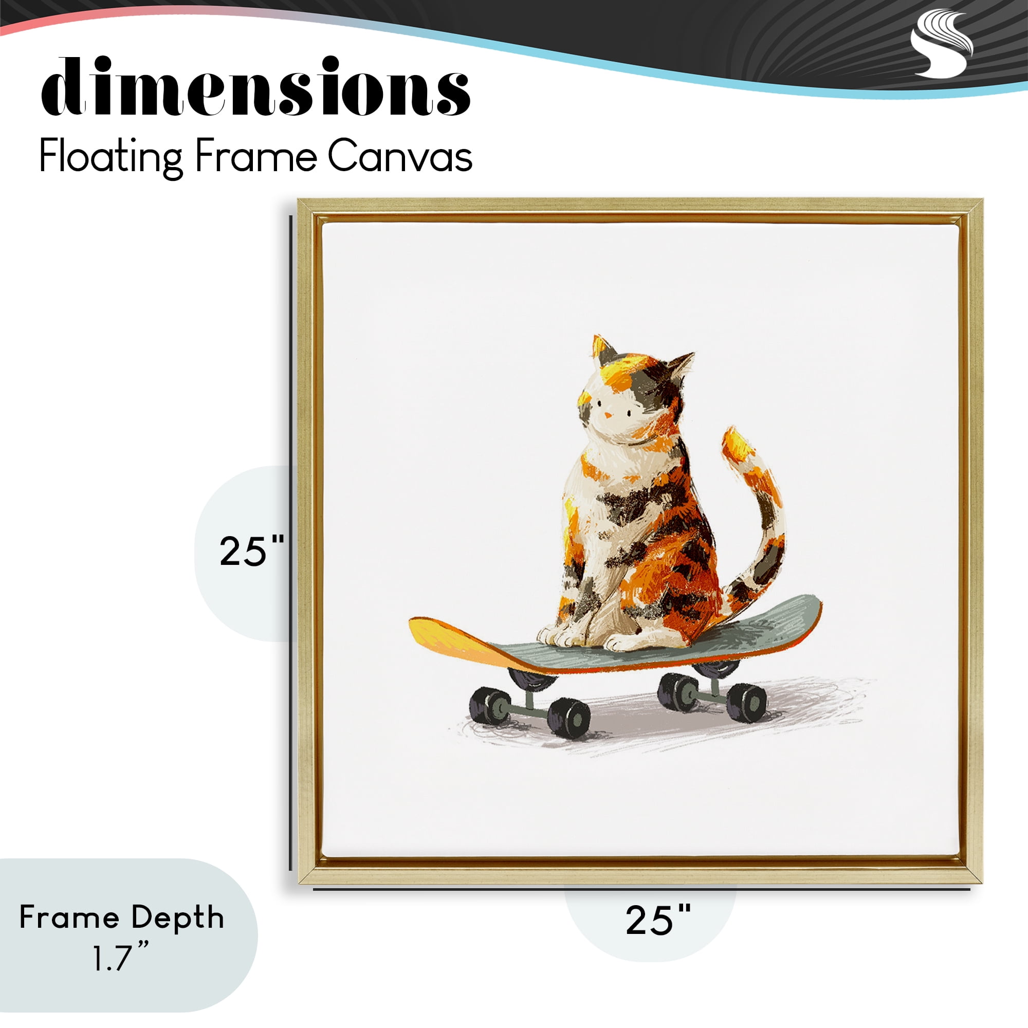 Stupell Industries Calico Cat on Skateboard Gold Framed Floater Canvas Wall Art, design by Ziwei Li