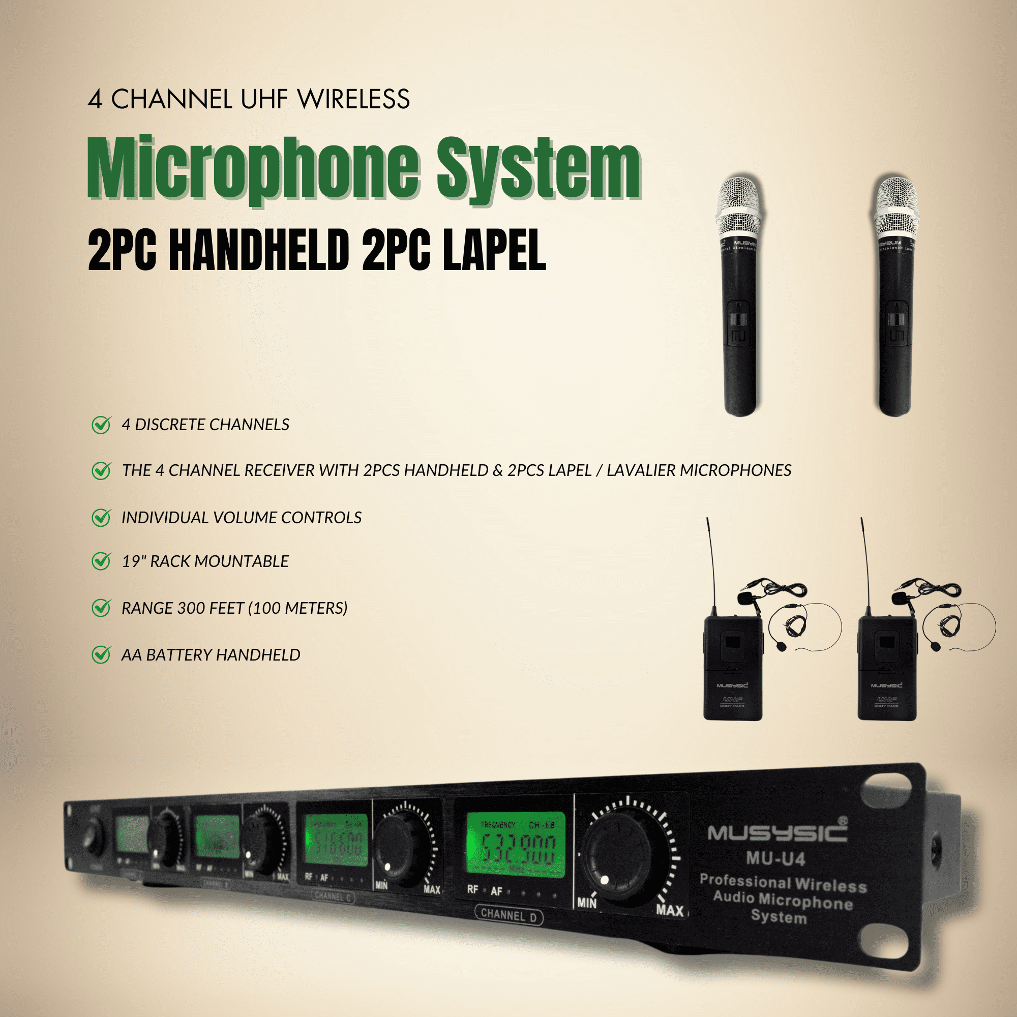 MUSYSIC MU‑U4‑HL Professional 4‑Channel UHF Wireless Microphone System – 2 Handheld + 2 Lavalier/Headset Mics, 480–580 MHz, 300 ft Range, Rackmount Receiver