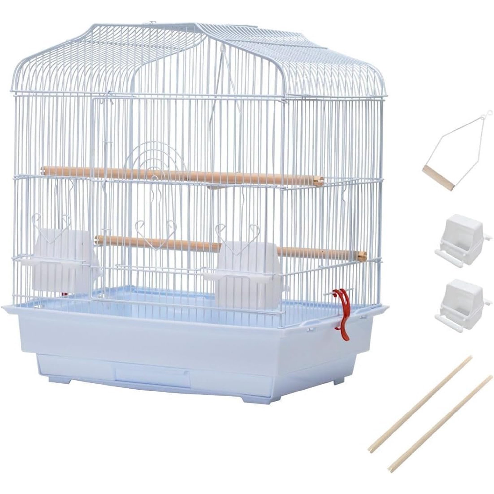 Portable White Bird Cage for Small & Medium Birds, Travel and Use, Parrot Cage with Wooden Perch, Swing, Bowls & Removable Tray, Ideal for Budgies, Cockatiels, Canaries