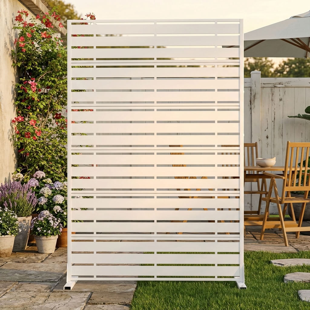 MAYEERTY 72" x 47" Outdoor Metal Privacy Screen, 6-Panel Decorative Screen for Patio, Balcony & Garden, White