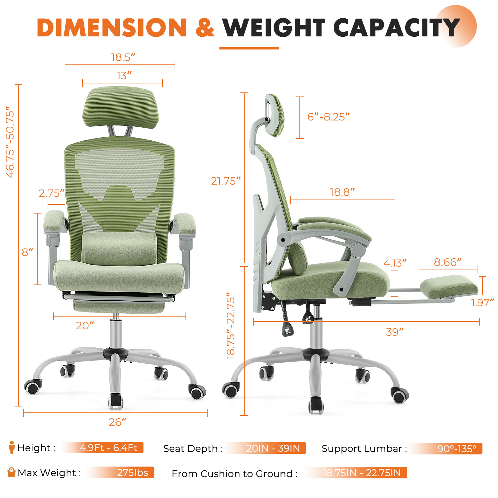 CONCETTA Ergonomic Mesh Office Chair, High Back Swivel Chairs with Adjustable Lumbar Support, Headrest, Footrest, and Armrests, Green