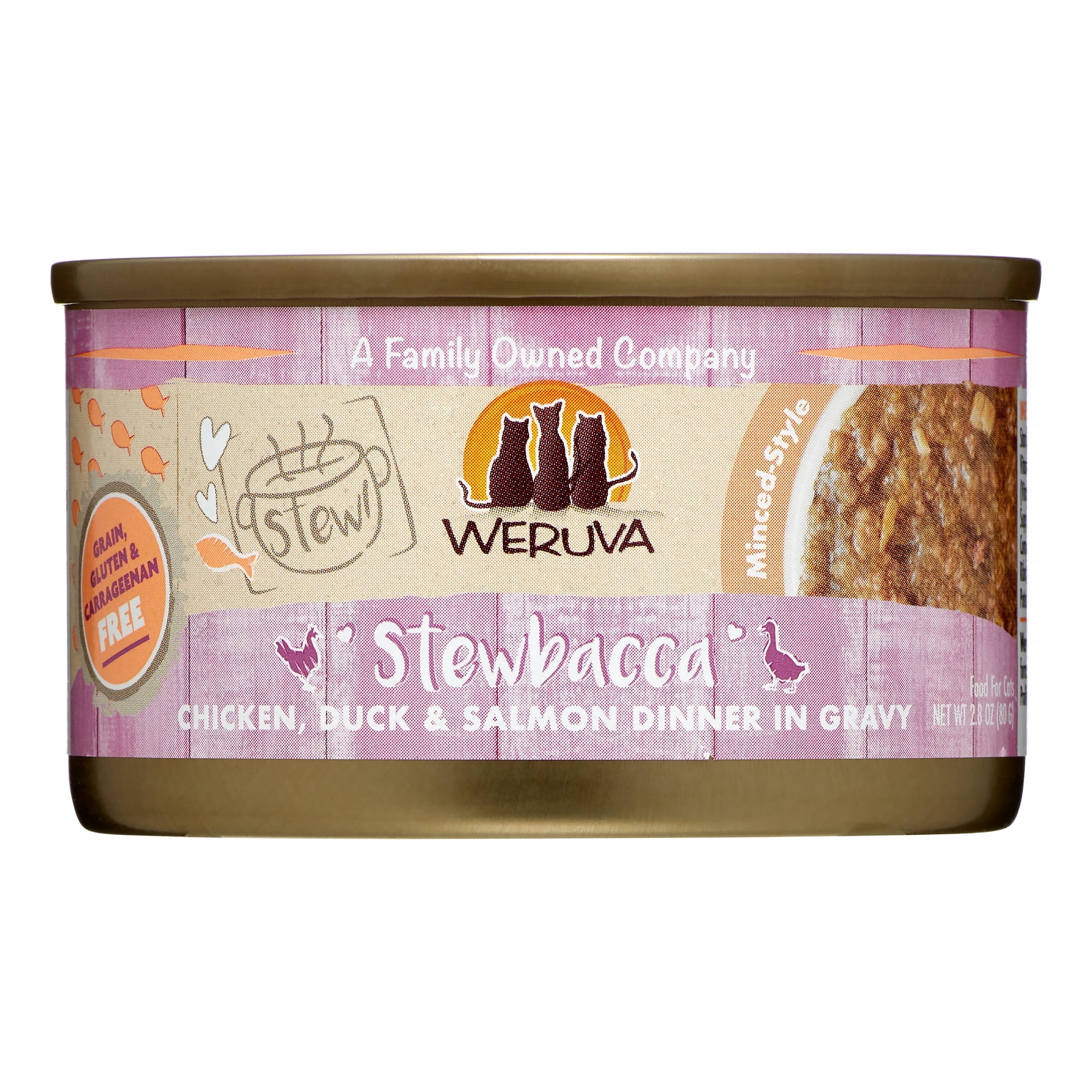 Weruva Stew! Stewbacca chicken, Duck, Salmon Dinner in Gravy Wet Cat Food, (12) 2.8 oz. Cans