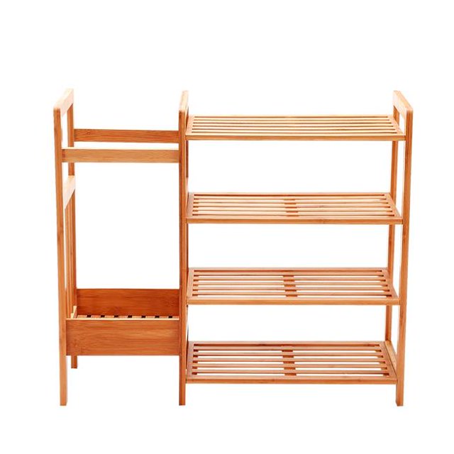New Ridge Home Goods SHO-02222 Natural Bamboo 4-Tier Shoe Rack Shoe Tower Shelf Storage Organizer Cabinet with Umbrella Stand