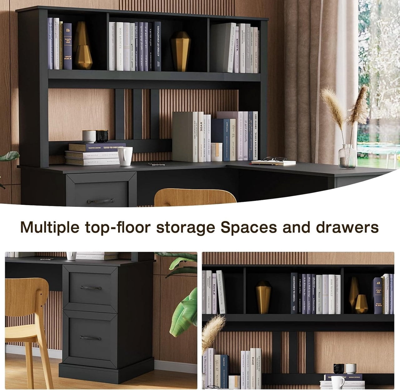 L-Shaped Executive Computer Desk with Hutch, 59.84'' Office Desk Work Desk with 2 Drawers and Storage Shelf for Home Office