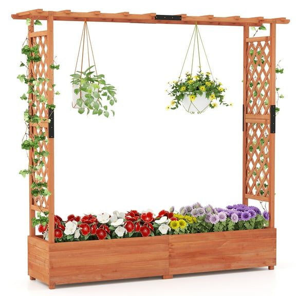 Gymax Raised Garden Bed Planter Box w/ Side & Top Trellis for Vine Climbing Plants
