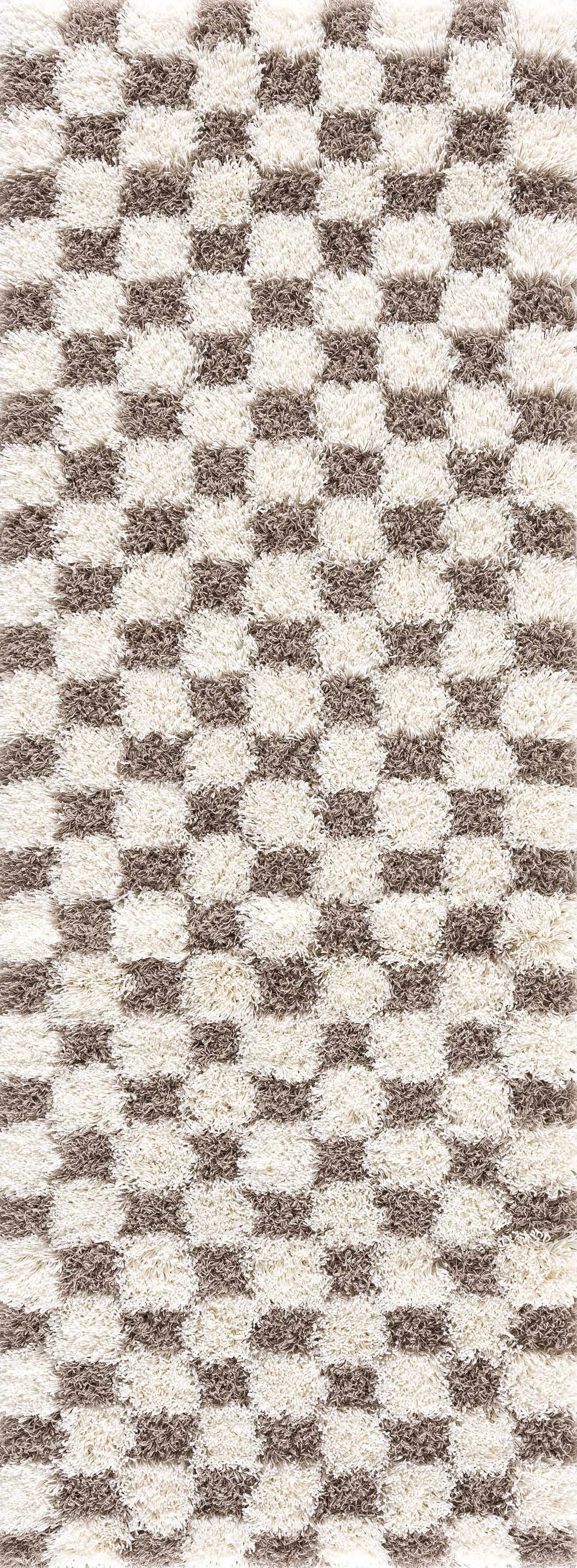 Hauteloom Marshmallow Contemporary Checkered Fluffy Shag Area Rug - Modern Geometric Carpet Tiles for Living Room, Kids Room, Nursery - Plush Pile - Cream, Brown - 8'10" x 12'