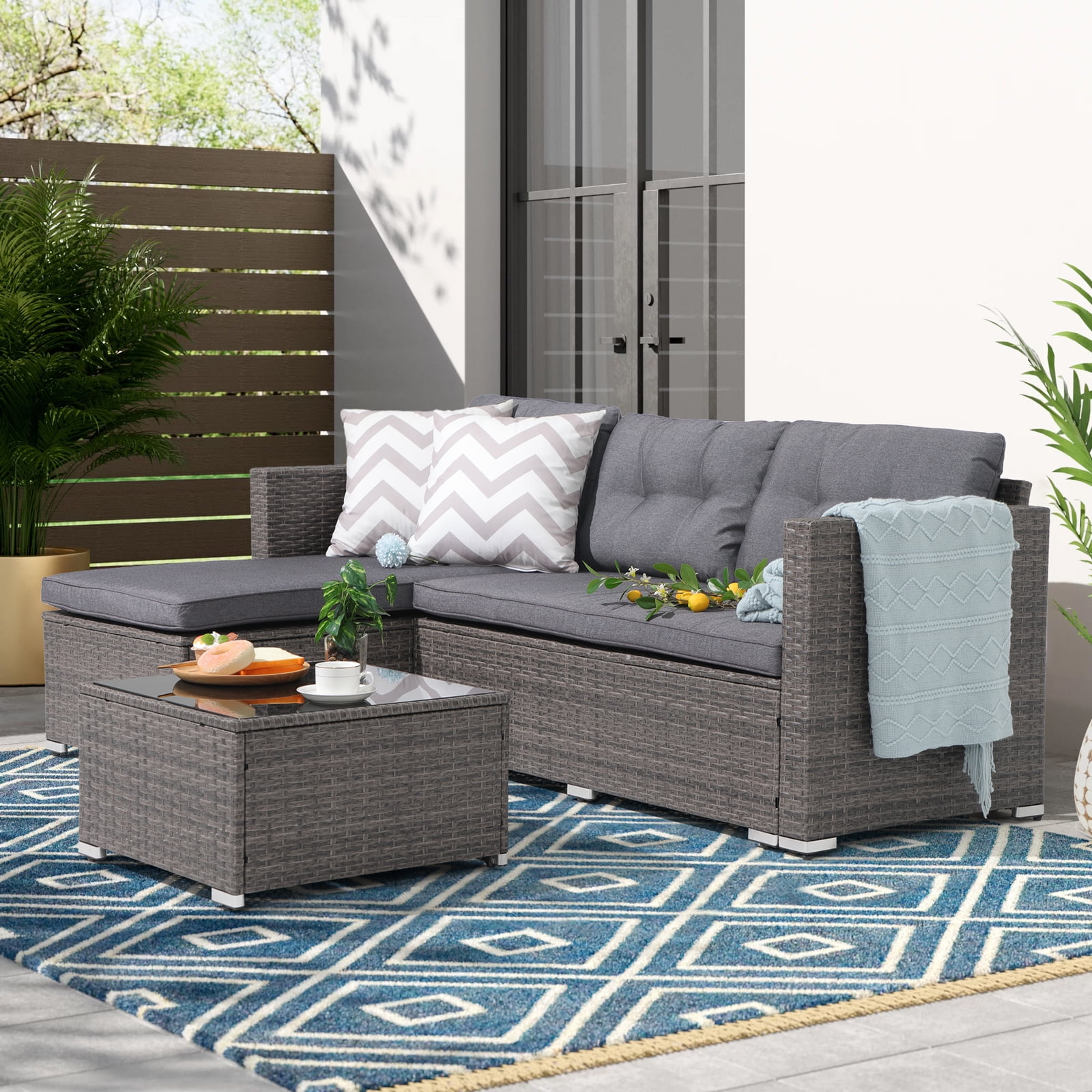 OC Orange-Casual 3-Piece Patio Furniture Set, All-Weather Outdoor Sectional Sofa Set, Wicker Loveseat Lounge Couch with Glass Coffee Table, Gray