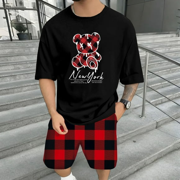 WILLBEST Conjunto de Camiseta y Pantalones Cortos de Verano para Hombre, Informal, con Estampado de Oso, Diseño A Cuadros, para Gimnasio, Deportes y Vacaciones