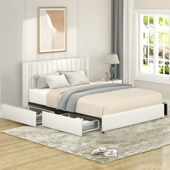 Queen Size Ivory Boucle Upholstered Platform Bed With 4 Drawers Storage And Tufted Headboard