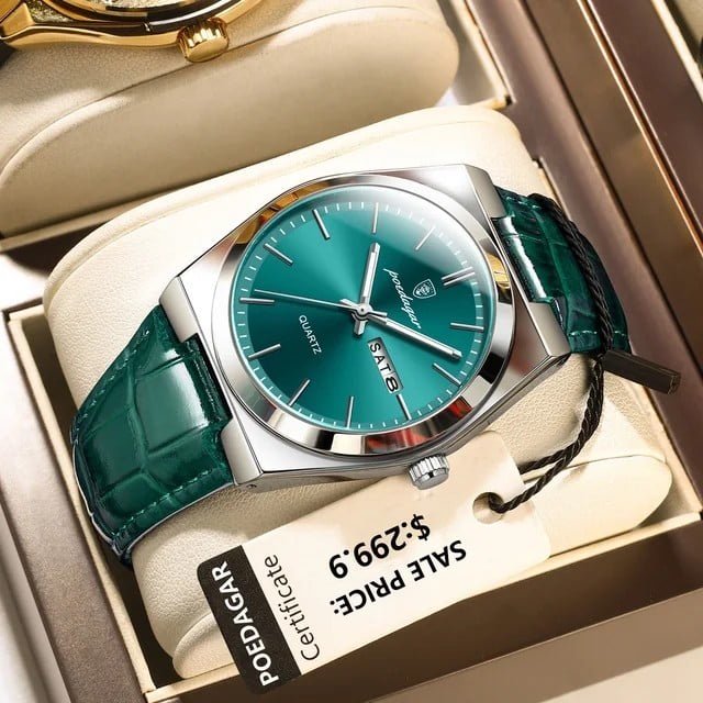 EXPLOJOY Men's Quartz Watch – Waterproof Leather Strap with Luminous Dial & Date Display