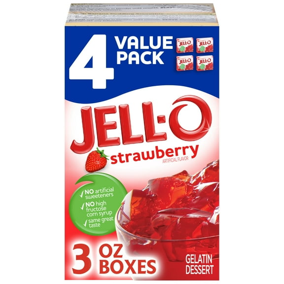 Jell-O Strawberry Gelatin Dessert Mix Value Pack, 4 ct Pack, 3 oz Boxes