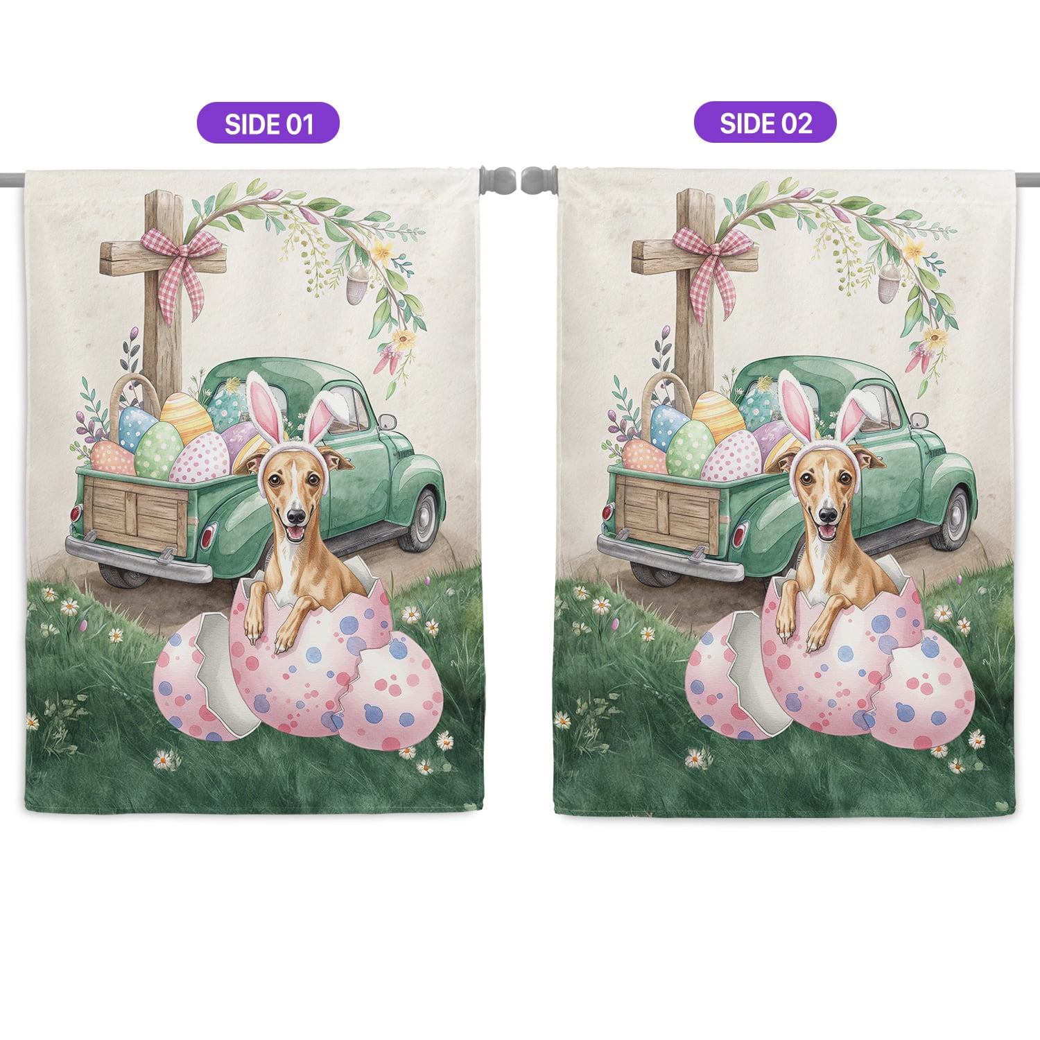 Easter Egg Whippet Bunny Ear Welcome Spring Truck House Flag 28x40in Double Sided Dog Lover Outdoor Decor - 12002