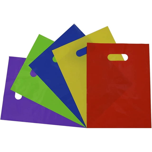 Merchandise Bags - 9x12 Inch 30 Pack 1.25 Mil Plastic Bags for Small Business, Multi Color Retail Shopping Totes with Handles in Bulk for Boutiques, Stores, Kids Birthday Parties, Favors, Goodies