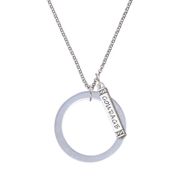 Delight Jewelry Acrylic 1 1/2" Ring Imitation Pearl Silvertone Courage Strength Wisdom Honesty Bar Charm Necklace, 23"