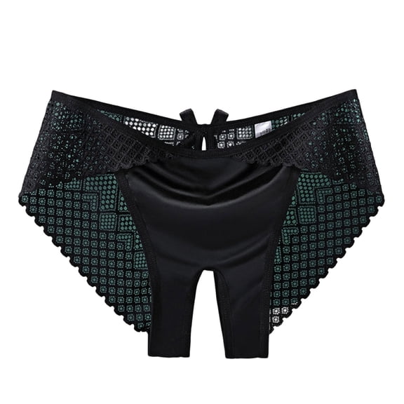 ZQUUVOU Women's Lace Open Crotch Briefs Cute Bow Grid Mesh Splice Satin Underwear Panties Cheeky Hipster Thong Panty Black