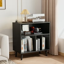 Zimtown Vinyl Record Storage, 2-Tier Record Player Stand with LED Lights & Outlet, Wooden Turntable Stand for Living Room, Black