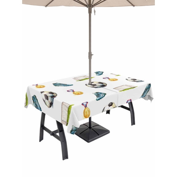 Outdoor Tablecloth with Umbrella Hole for Patio/Picnic/Party/Camping, Football Waterproof Table Cloth Rectangle Table Cover Washable, Gold Medal Soccer Sports (52"x 70")