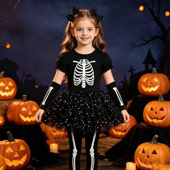 NordicNest Halloween Dress for Girl Theme Printed Short Sleeve Puffy Dress for Theme Party Holiday Clothes Black,3-4 Years