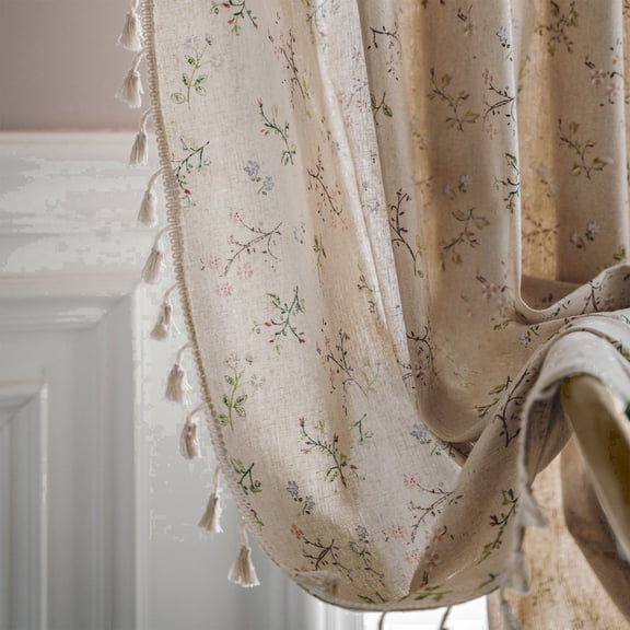 Breynko 2 Panel Farmhouse Floral Linen Semi- Blackout Curtains,63 inches, Beige,for Living Room