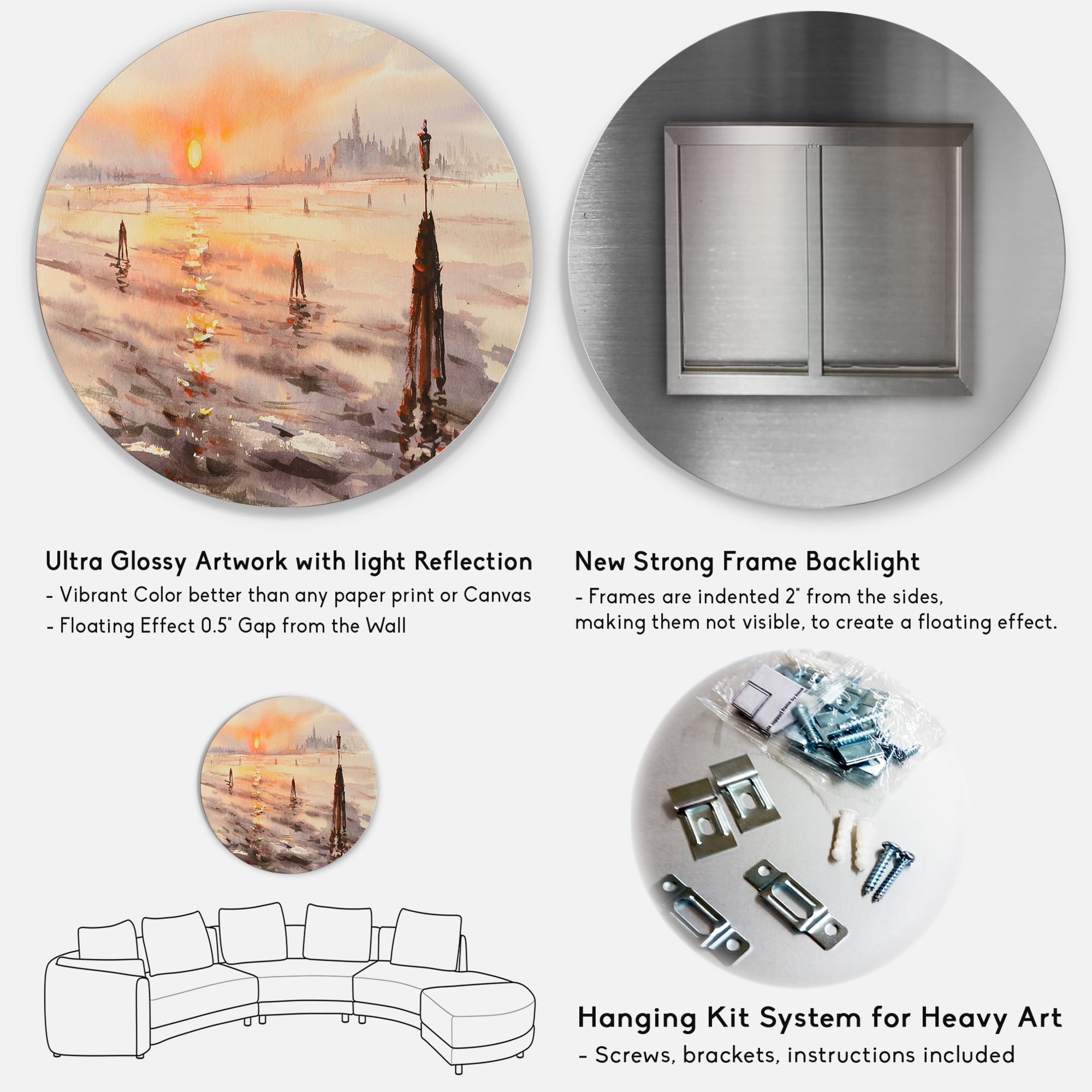 Designart 'Panorama of Venice Laguna Beach At Sunset' Nautical & Coastal Circle Metal Wall Art 36x36 - Disc of 36