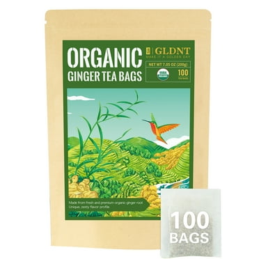 GLDNT Organic Ginger Tea Bags, Ginger Root Herbal Tea, Spicy & Zesty Flavor, Caffeine Free, 100Count
