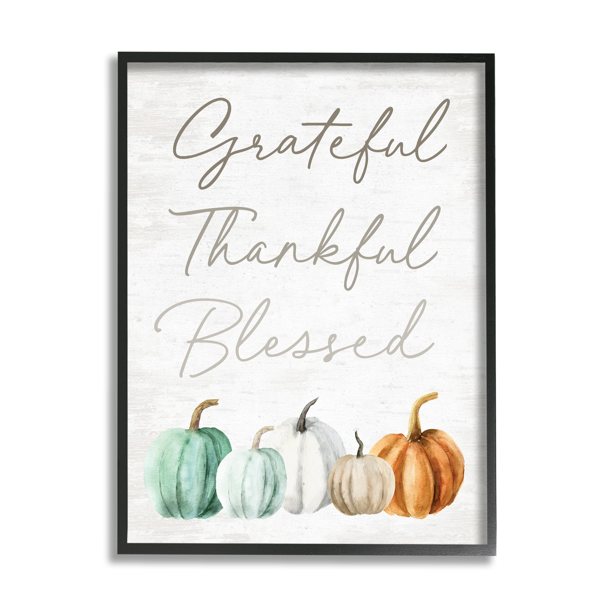 Grateful Thankful Blessed Script Rustic Arranged Pumpkins Botanical & Floral Graphic Art Framed Art Print Wall Art