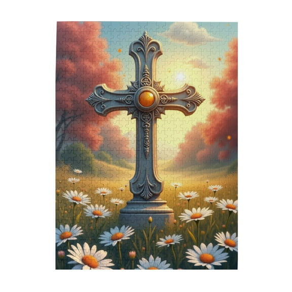 500 Piece Jigsaw Puzzle For Adults Ornate Cross In Daisy Field Challenging And Relaxing Adult Puzzle Beautiful Artwork Great Gift Idea