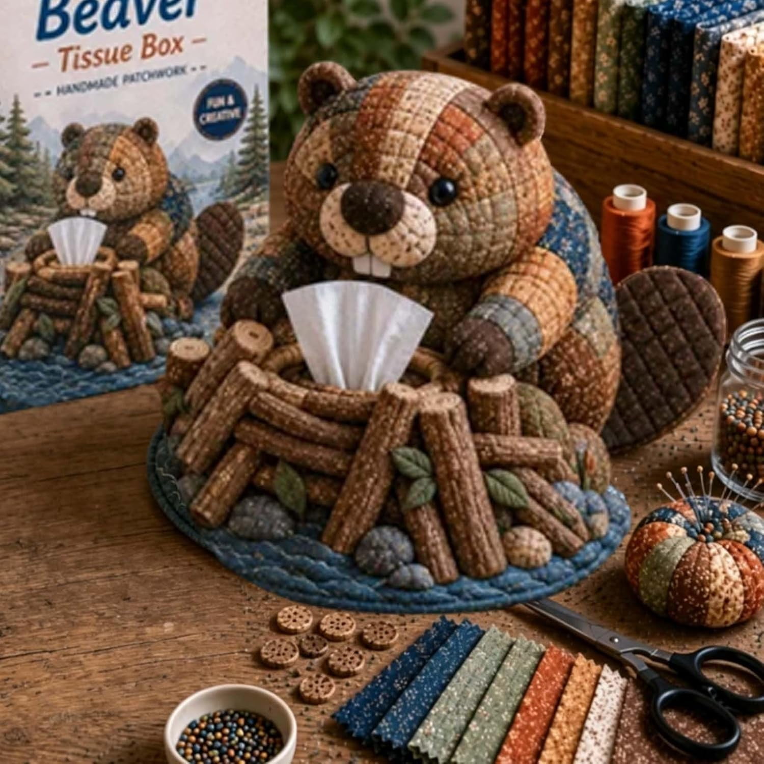 1 pc Handmade Patchwork Bushland Cozy Collection Tissue Box DIY Kit Cute Animal Quilted Sewing Craft Kit for Adults & Beginners Woodland Animal Sewing Craft with Pre-Cut Fabric
