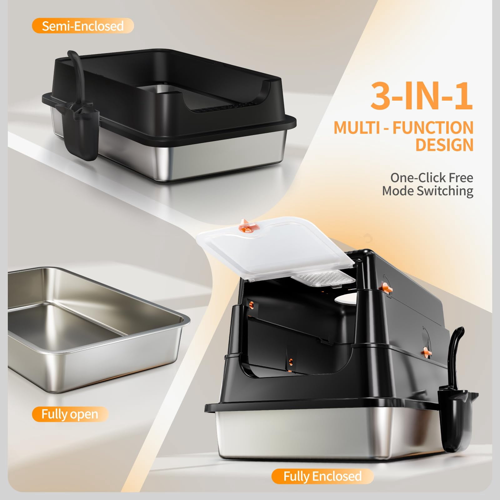 Stainless Steel Cat Litter Box Black X-Large Enclosed High Sides with Flip Lid