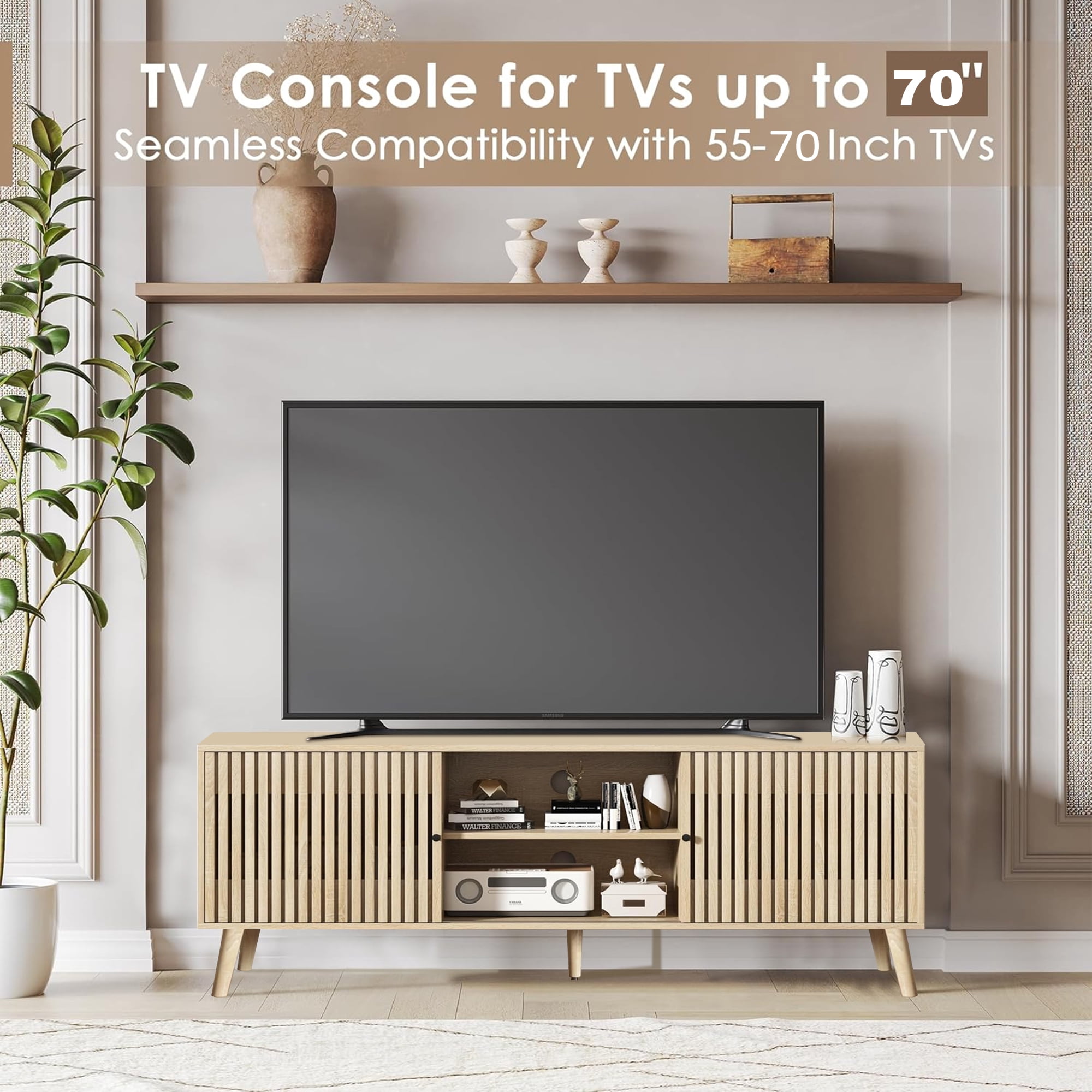 Mid-Century Modern TV Stand for TVs up to 70”, Sliding Door Wood Entertainment Center with Storage, Natural