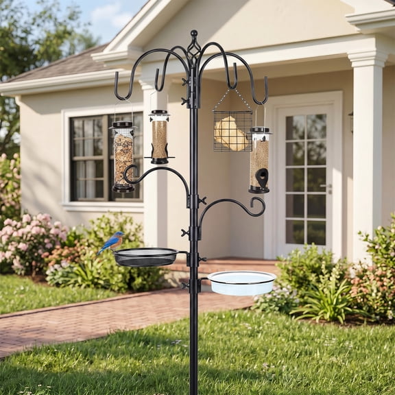 Studyset Bird Feeder Pole with 6 Multi Hooks, 93.7 Inch Steel Multi-Feeder Kit Stand, All-in-One Wild Bird Feeding Station Kit with Mesh Tray & Bird Bath Bowl for Backyard Garden