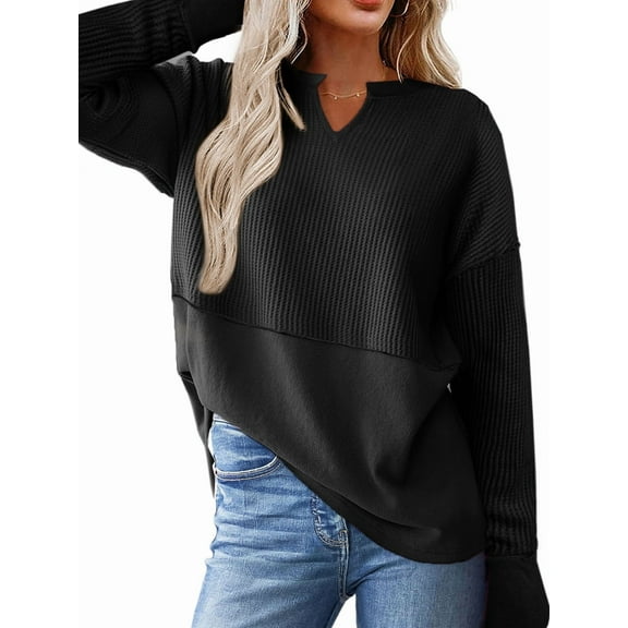 Womens Henley Tops Long Sleeve V Neck Shirts Casual Knit Tunic Tops Tshirts Fall Outfits with Thumb Hole