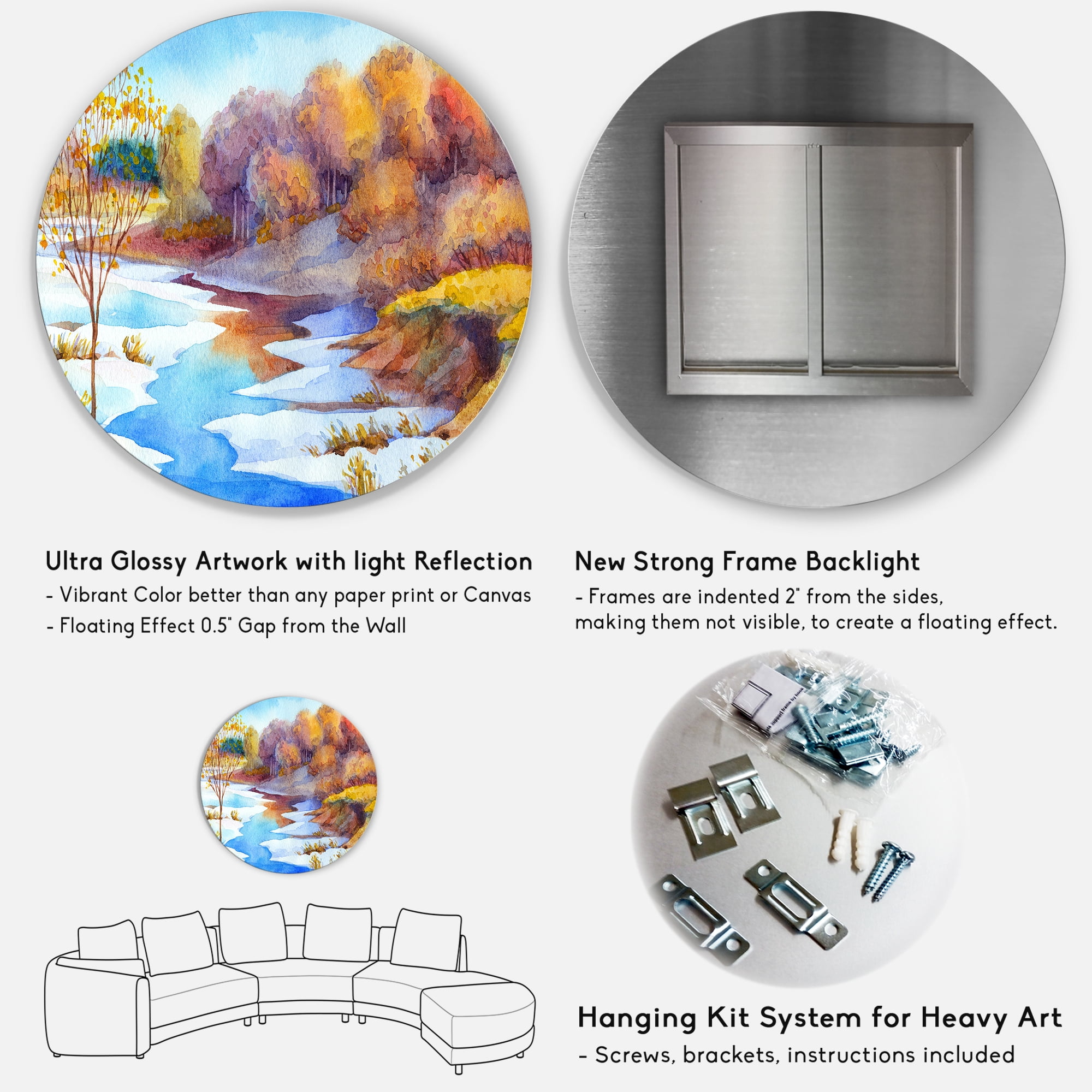 Designart 'Stream Though The Winter Forest Valley' Lake House Circle Metal Wall Art 36x36 - Disc of 36