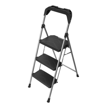 Hyper Tough Gray & Black 3-Step Steel Large Platform & Foldable Step Stool – Holds up to 300 Pounds