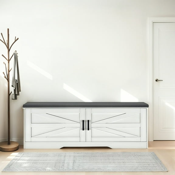 Lisonu 39.4" Farmhouse Storage Bench, White Entryway Bench with Padded Seat, 2-Tier Shoe Bench with 2 Barn Doors and Adjustable Shelves, MDF, for Entryway
