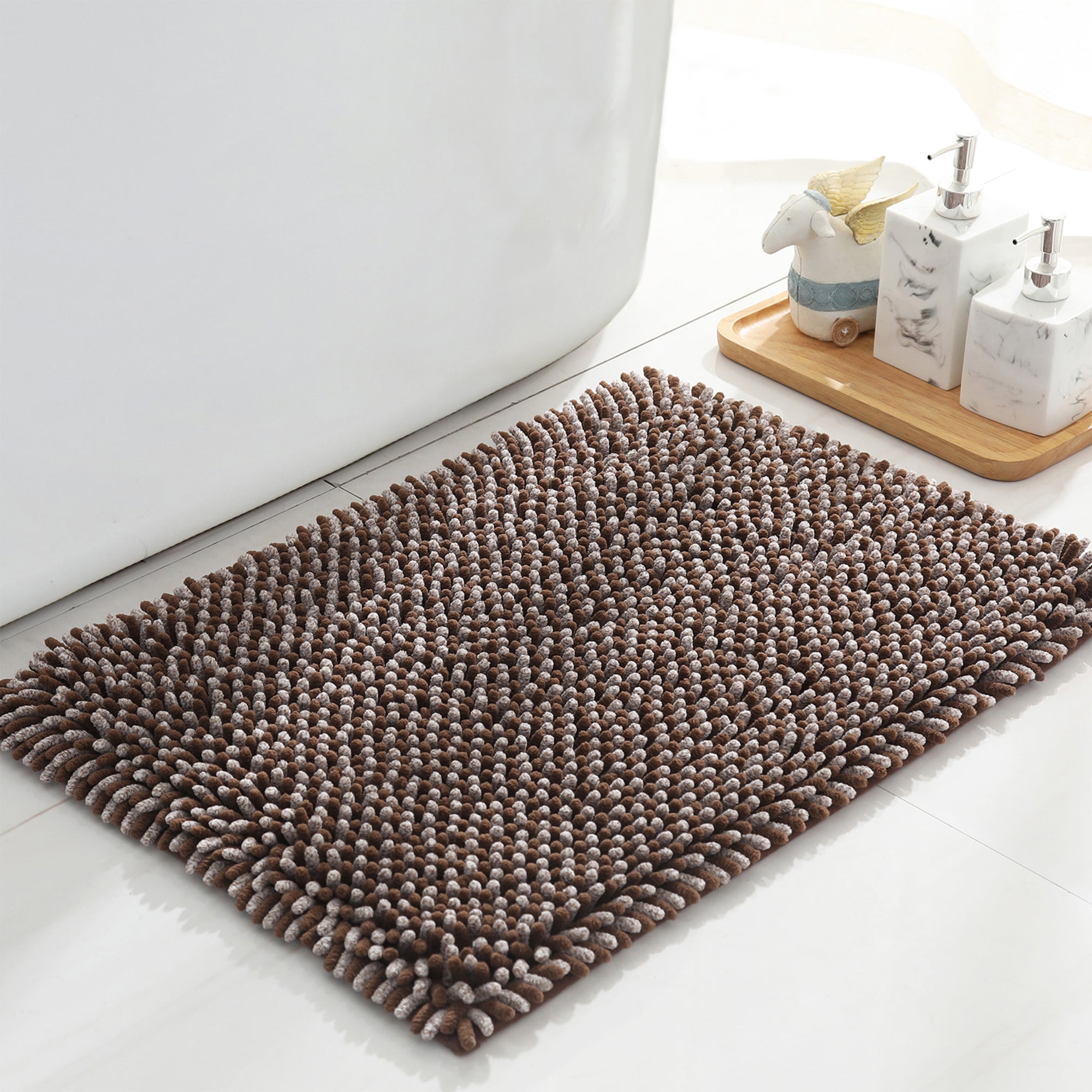 Unique Bargains Non Slip Absorbent Chenille Bathmat Washable Soft Bath Rug Brown 20" x 30"