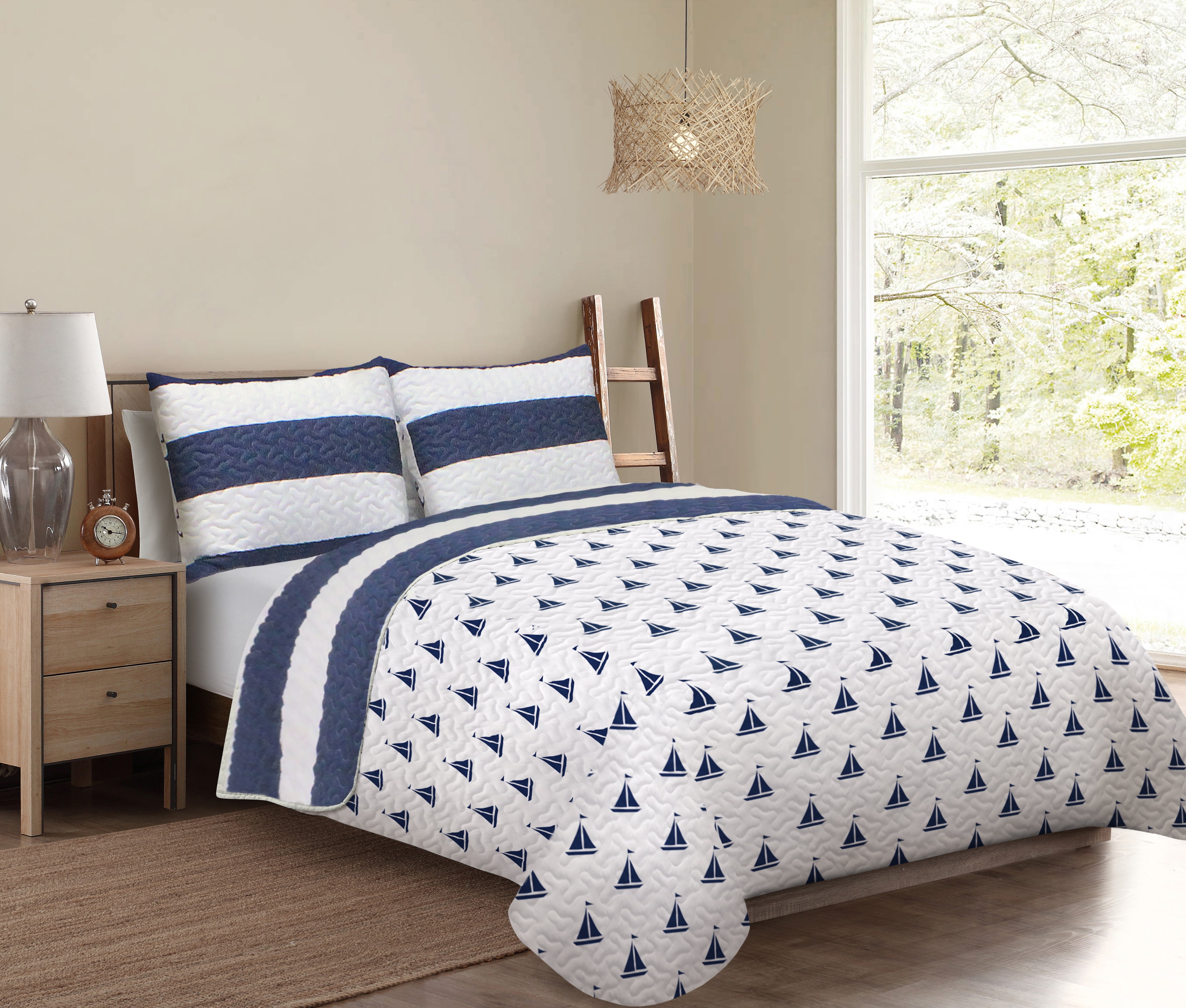 Talbot Nautical Stripe & Coastal Boat Reversible 2Piece UltraSoft