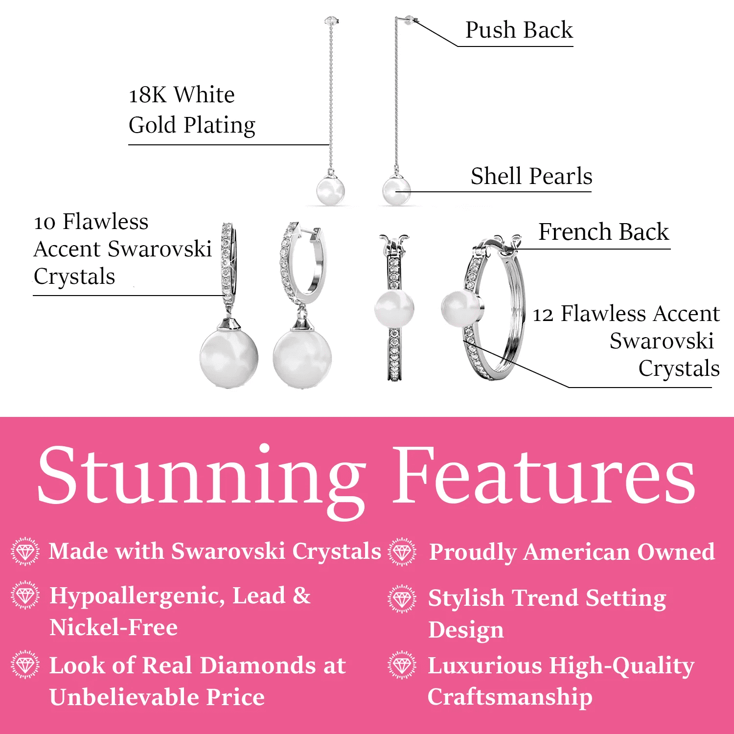Cate & Chloe Pack of 3 - Nyla, Daphne & Aspen 18k White Gold Plated Earrings with Swarovski Crystals for Women